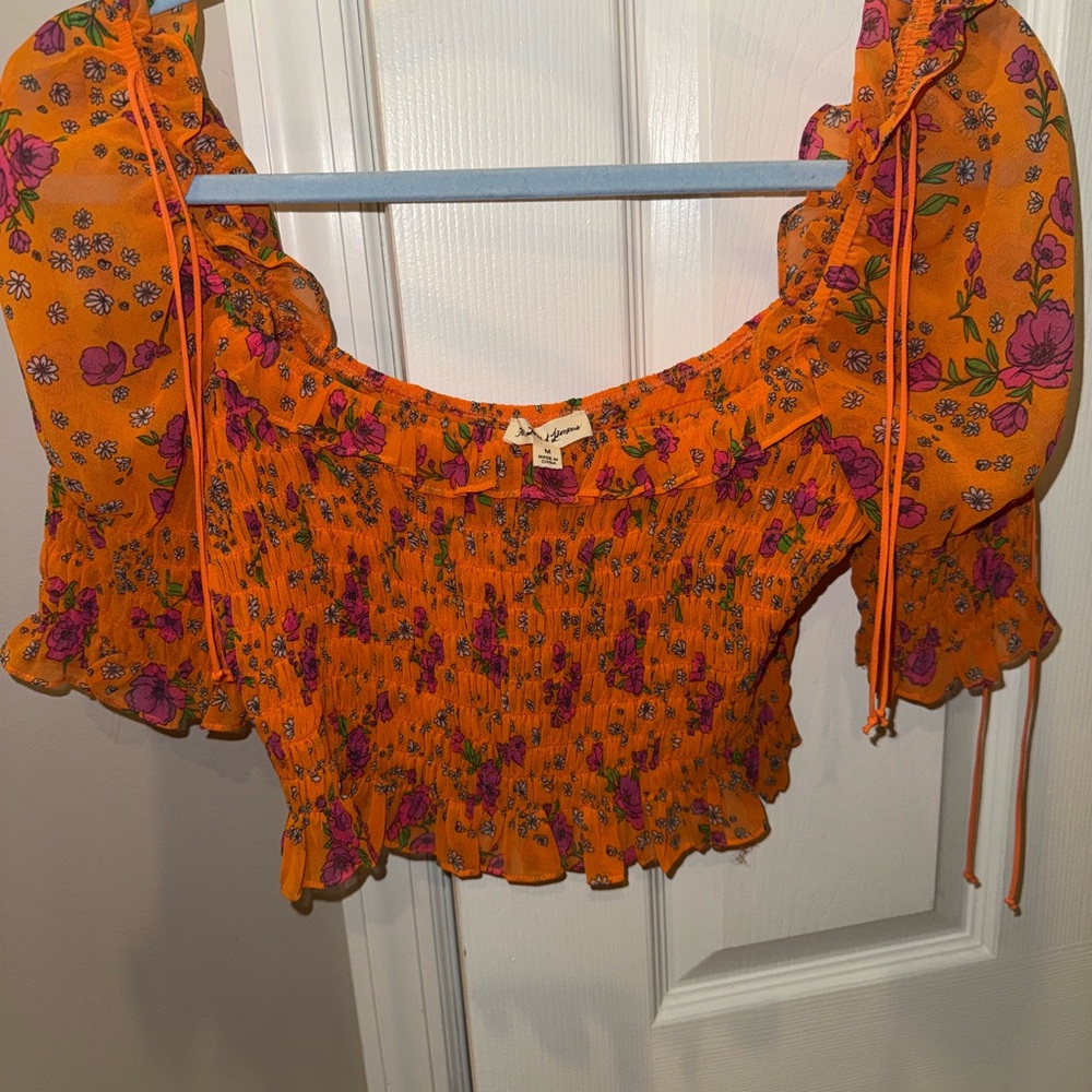 For Love And Lemons Orange Off the Shoulder Puff Sleeve Crop Top